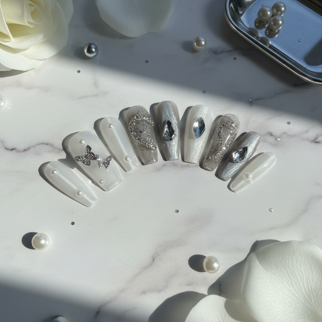 Silver Butterfly Gray Marble Diamond Press-On Nails