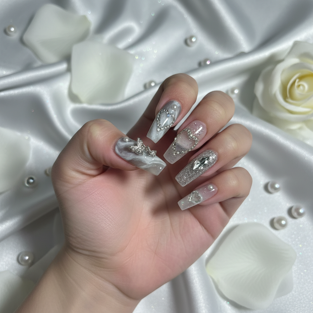 Silver Butterfly - Gray Marble Diamond Press-On Nails