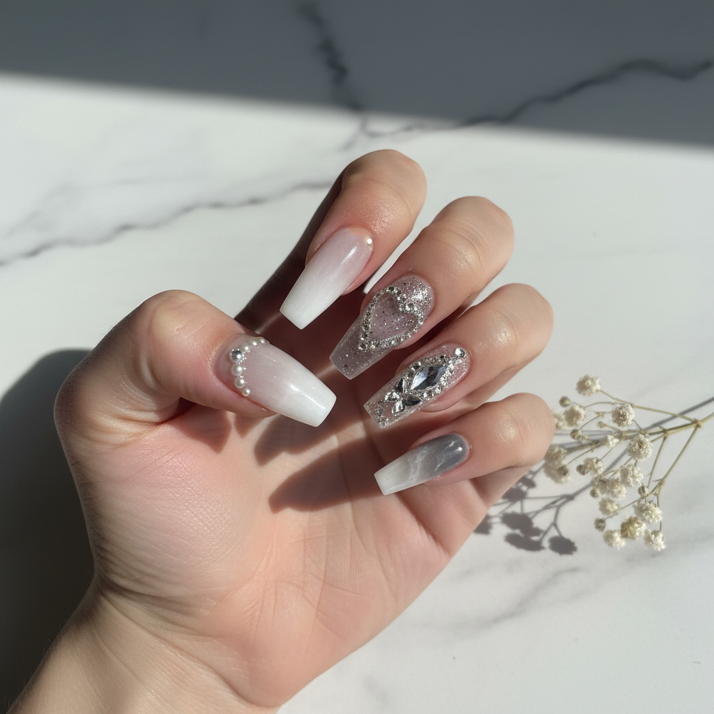 Silver Butterfly - Gray Marble Diamond Press-On Nails