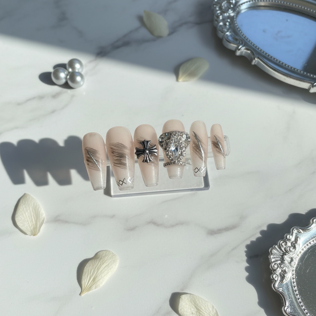 Dark Crown Nude Matte Silver Cross Diamond Press-On Nails