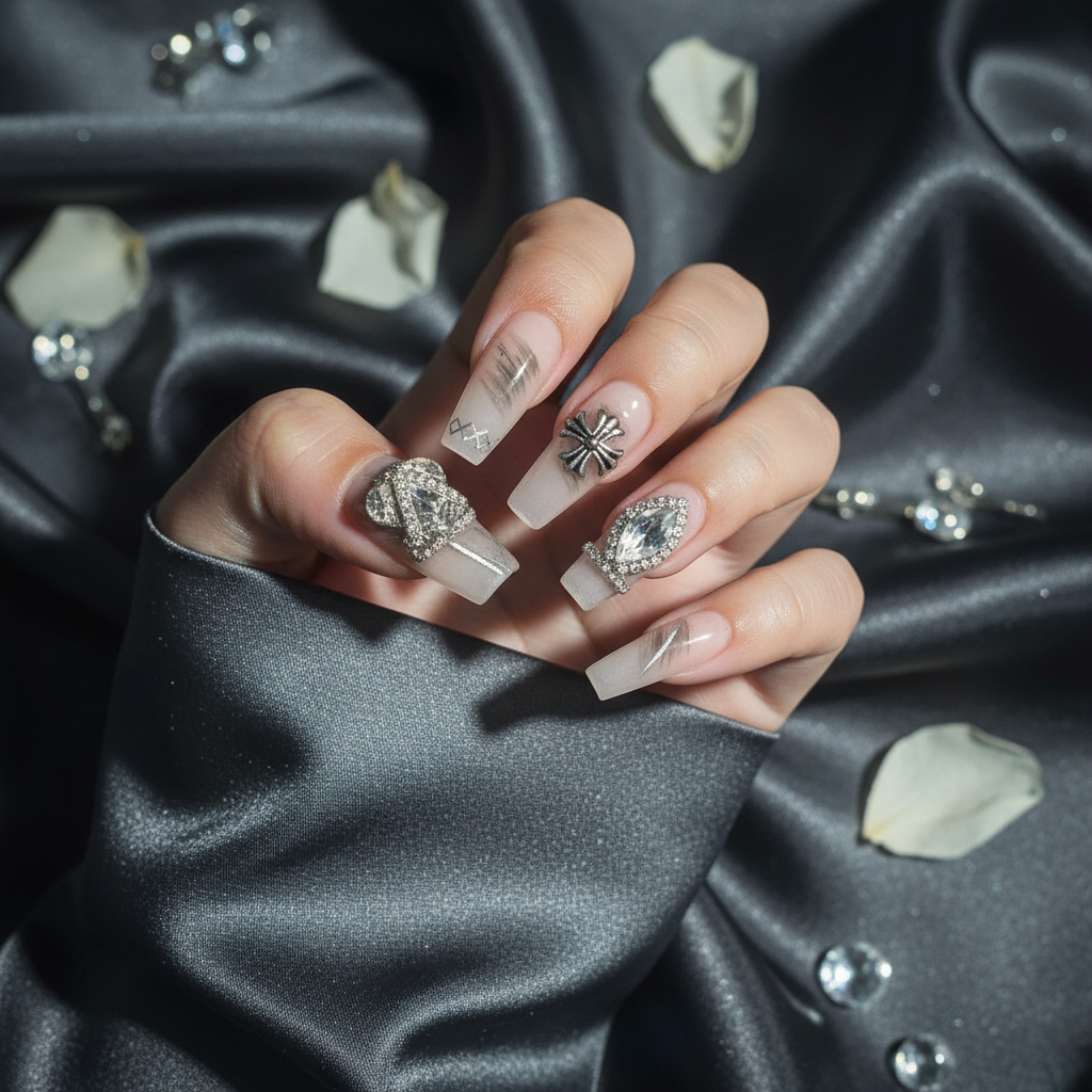 Dark Crown - Nude Matte Silver Cross Diamond Press-On Nails