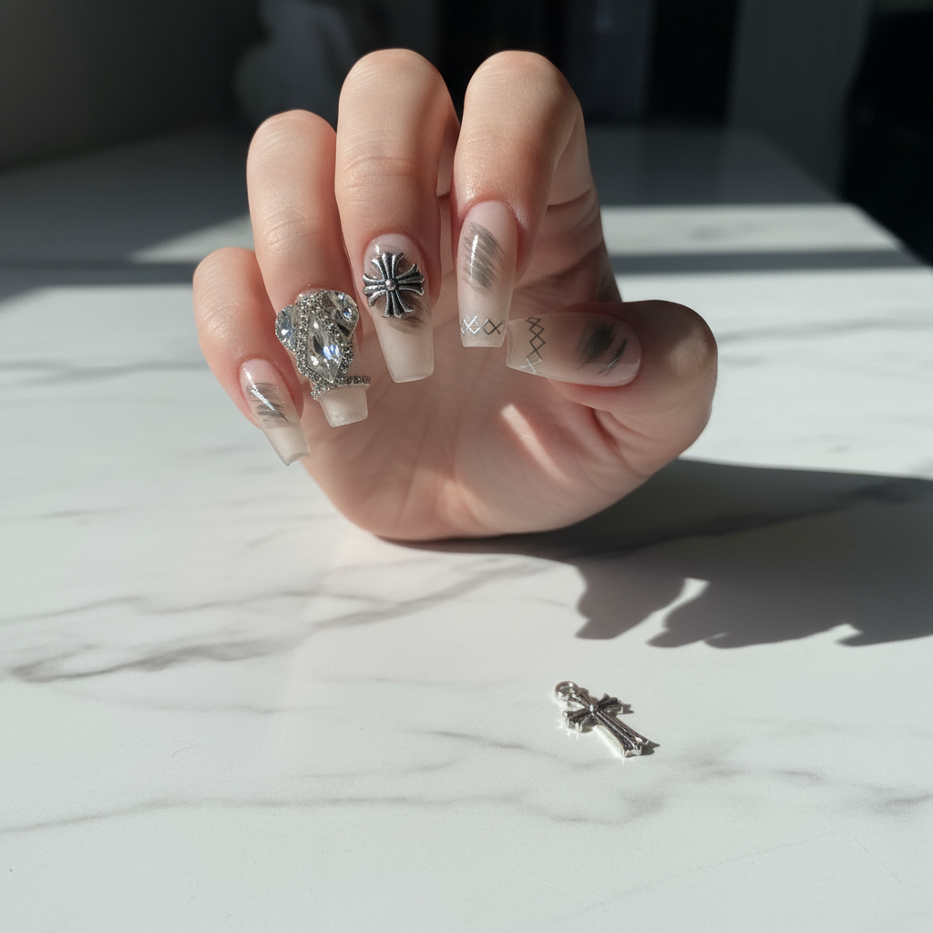Dark Crown - Nude Matte Silver Cross Diamond Press-On Nails