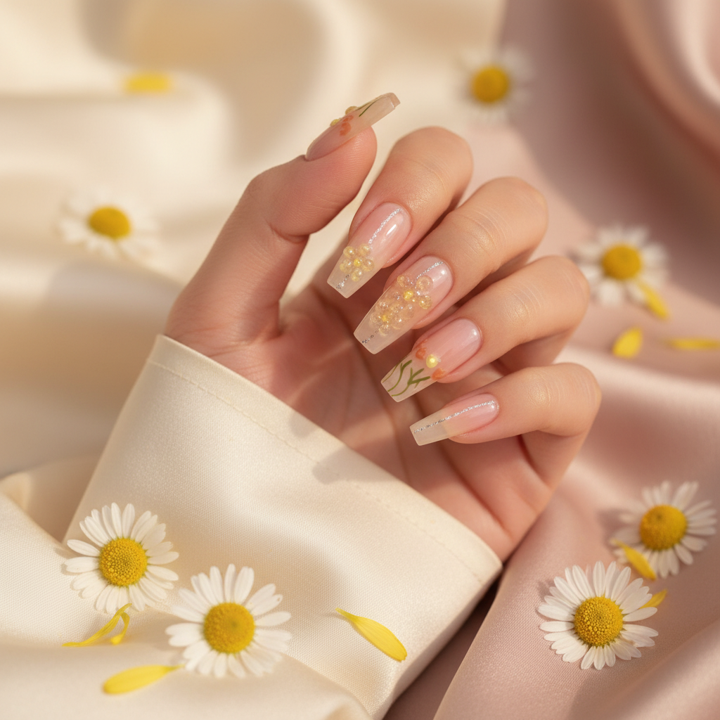 Spring Petal - Sheer Pink Gold Foil Floral Press-On Nails