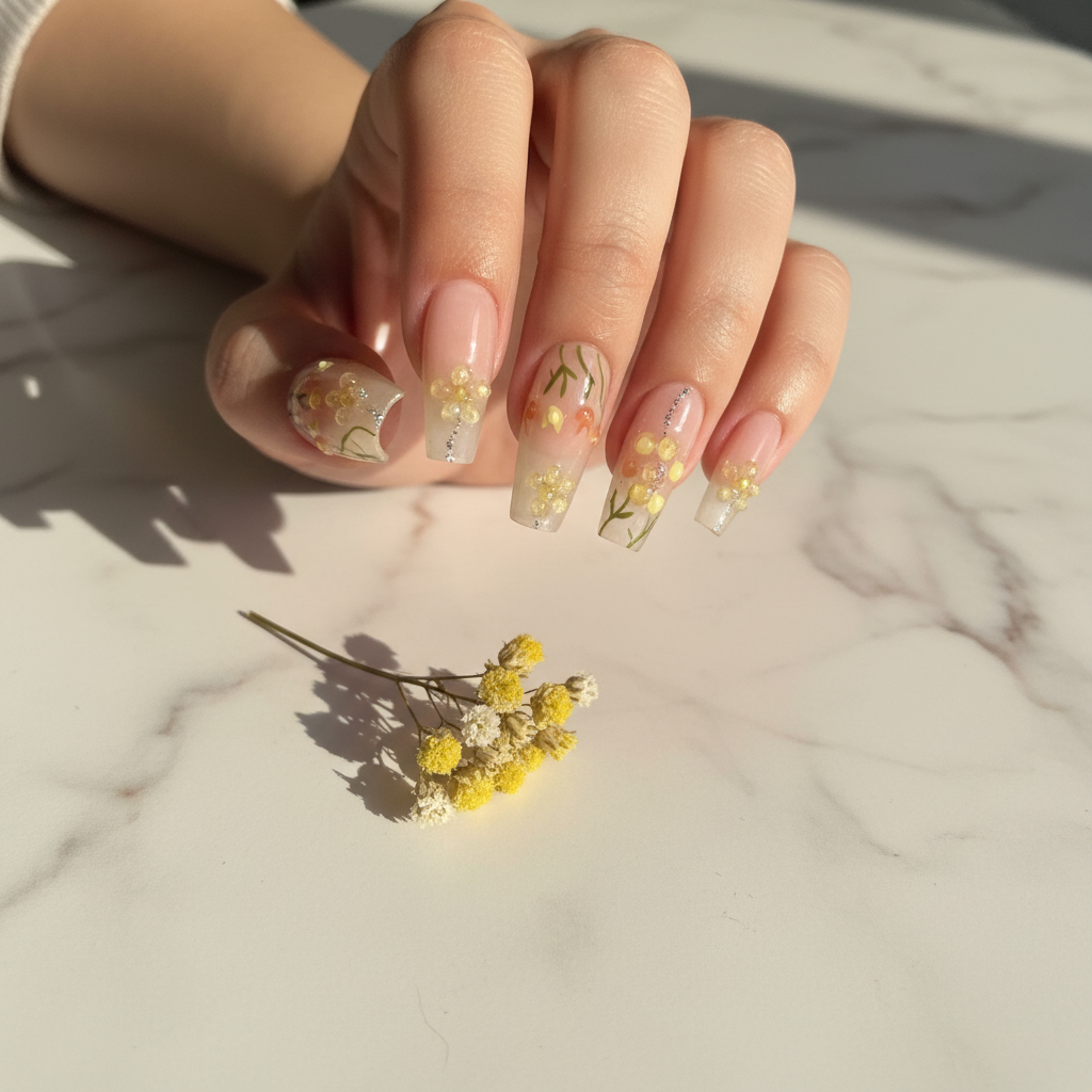 Spring Petal - Sheer Pink Gold Foil Floral Press-On Nails