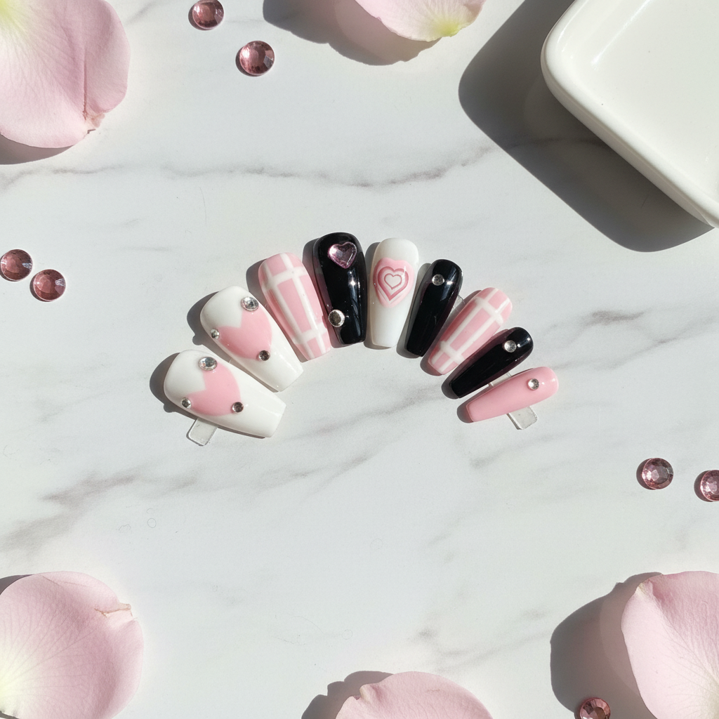 Sweet Love Pink Black Plaid Heart Press-On Nails