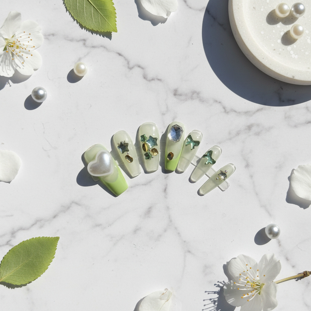 Fairy Garden Mint Green Star Gem Press-On Nails
