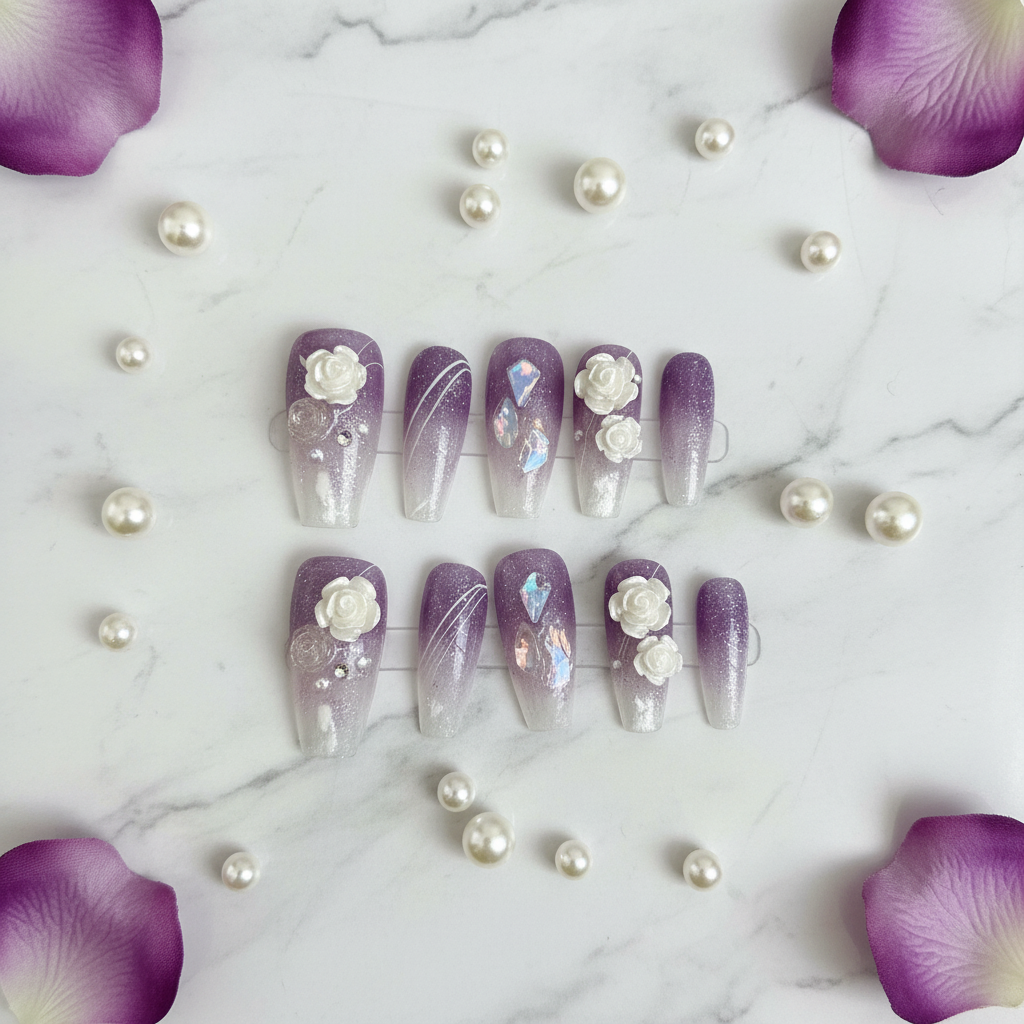 Violet Dream Purple Ombre 3D Rose Press-On Nails display